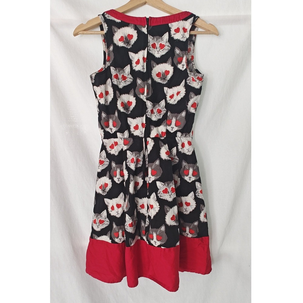 Retrolicious Fit and Flare Dress Black Cat Heart Eyes Red VNeck Sleeveless Small - Picture 2 of 7